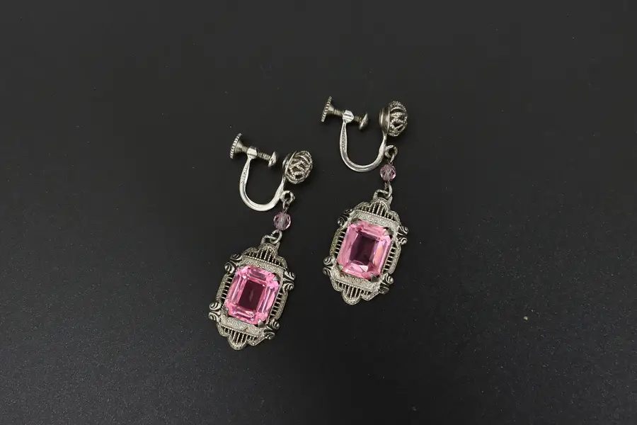 Photo of Antique Sterling Silver Filigree Pink Glass Drop Earrings