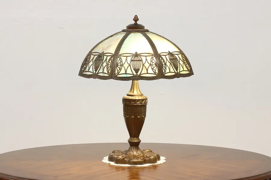 Photo of Art Nouveau Antique Office or Library Stained Glass Lamp