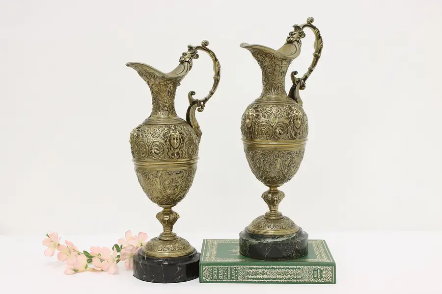 Photo of Pair Italian Renaissance Antique Brass & Marble Mantel Ewers