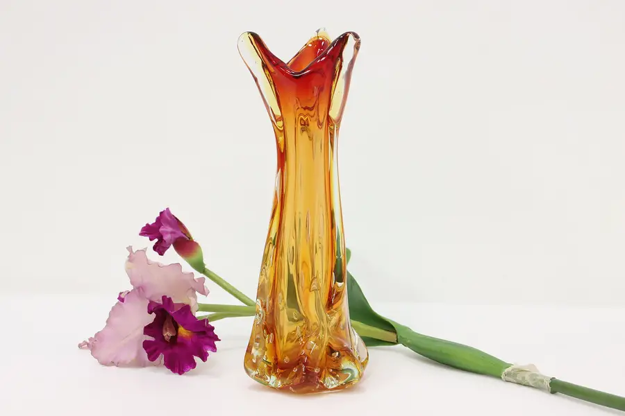 Photo of Murano Venice Italian Orange & Red Blown Art Glass Vase