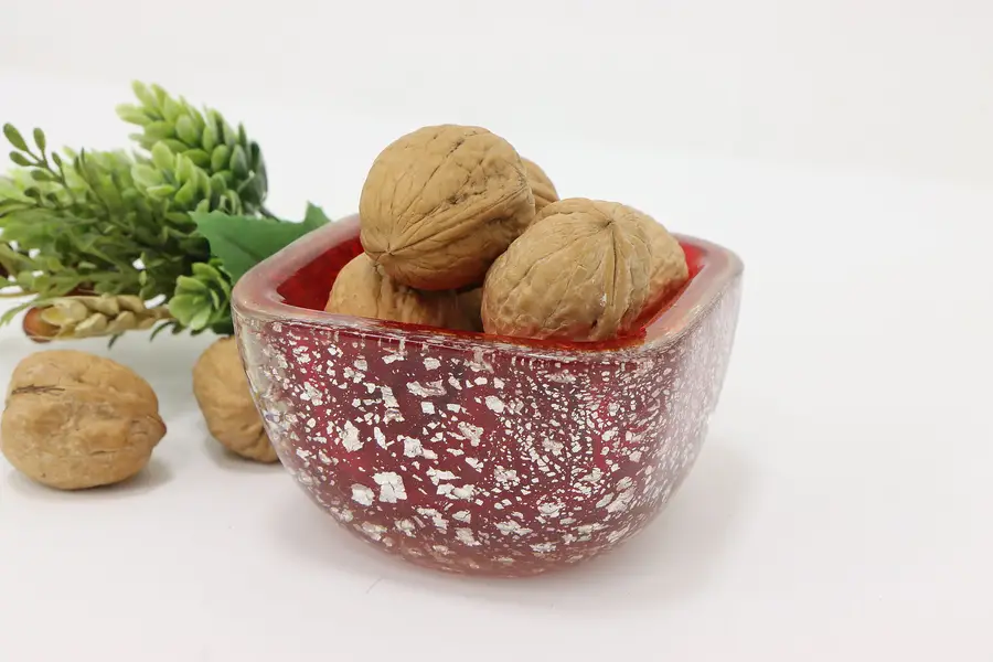 Photo of Midcentury Modern Red & Silver Leaf Vintage Art Glass Bowl