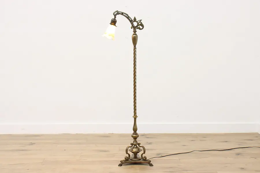Photo of Art Deco Antique Brass Bridge Floor Lamp, Opal Glass Shade