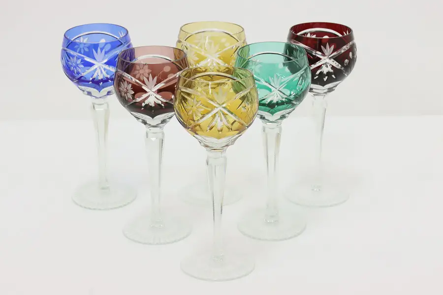 Photo of Set of 6 German Vintage Cut Colored Crystal Wine Glasses