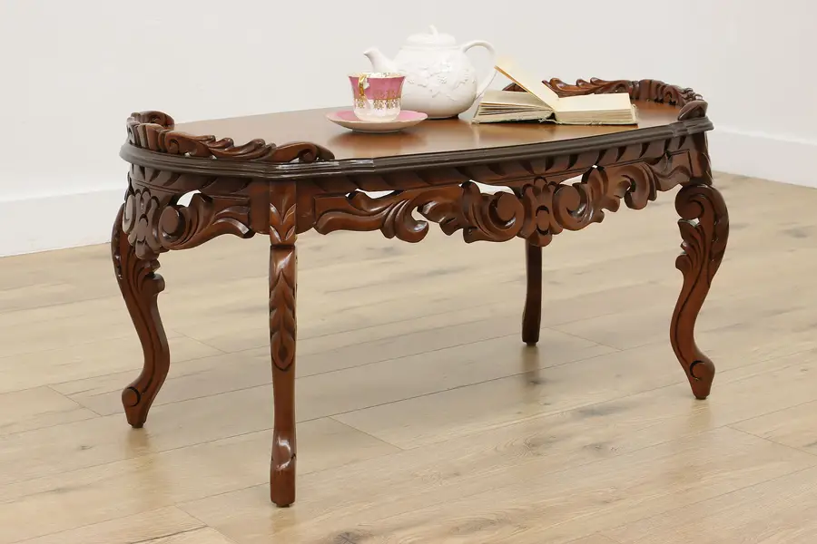 Photo of French Antique Carved Walnut & Floral Inlay Coffee Table
