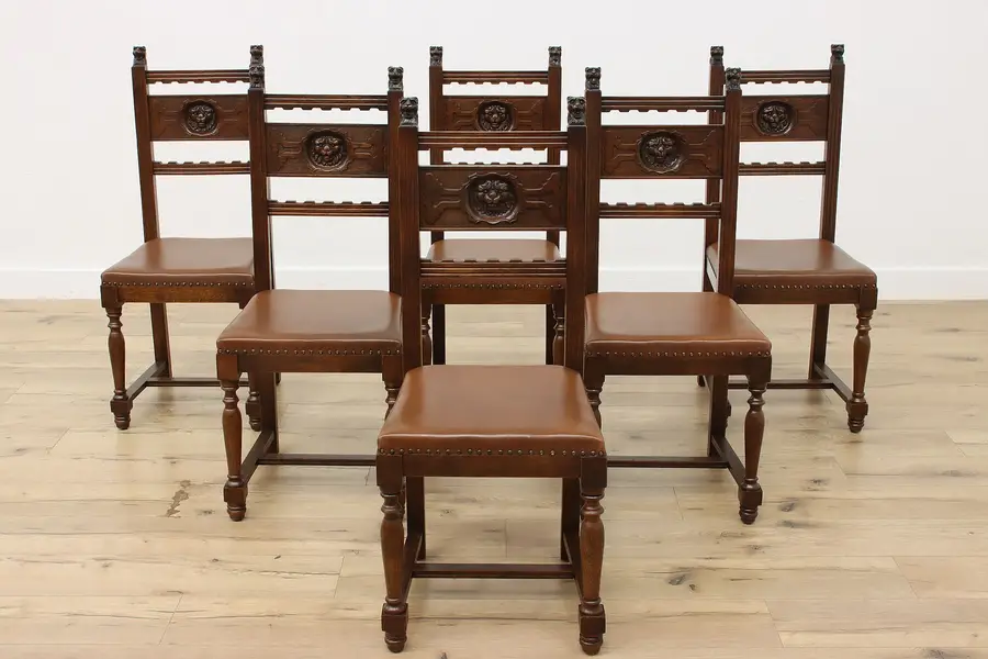 Photo of Set of 6 Antique Tudor Design Oak Chairs Leather Seats Lions