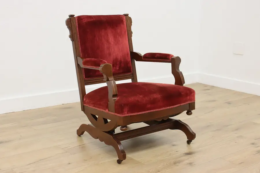 Photo of Victorian Eastlake Antique Walnut & Red Velvet Rocking Chair