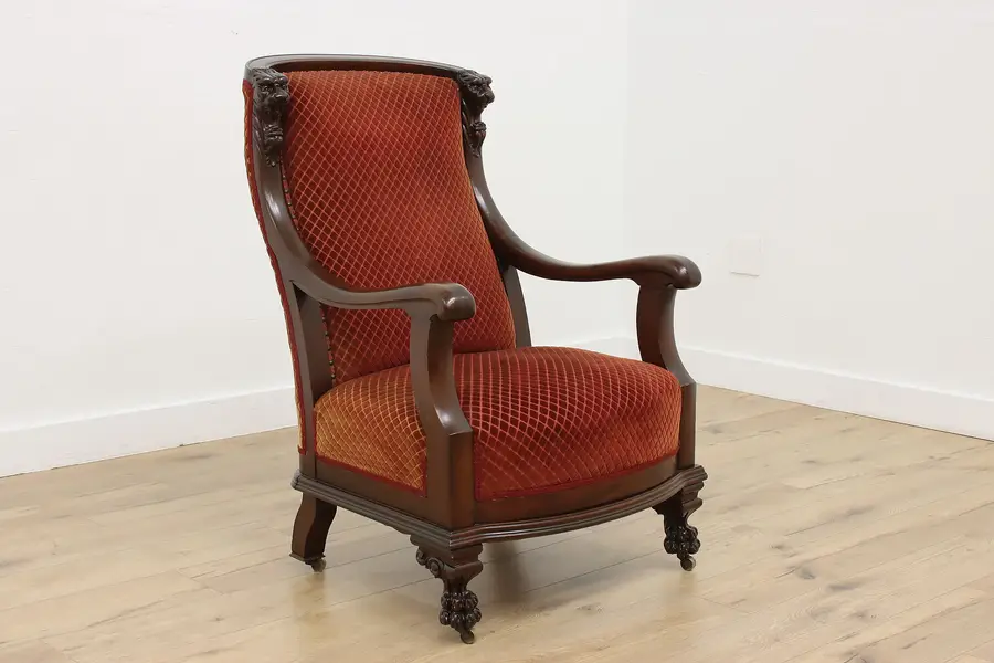 Photo of Empire Design Antique Mahogany Armchair, Carved Lion Heads