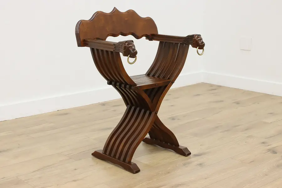 Photo of Italian Renaissance Vintage Birch Savonarola Chair Lionheads