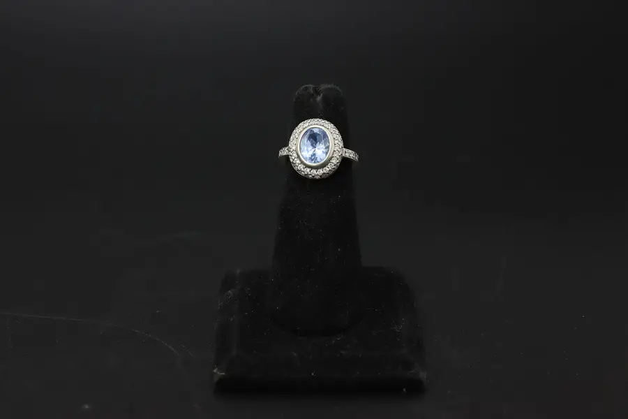 Photo of 925 Sterling Silver Blue CZ Oval Halo Filigree Ring