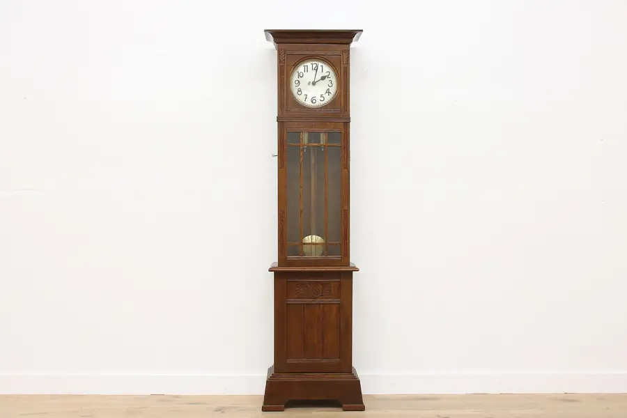 Photo of German Art Deco Antique Carved Oak Tall Case Clock, Becker