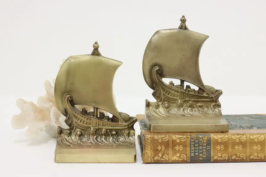 Photo of Pair of Nautical Vintage Brass Plated Ship Bookends, B&H