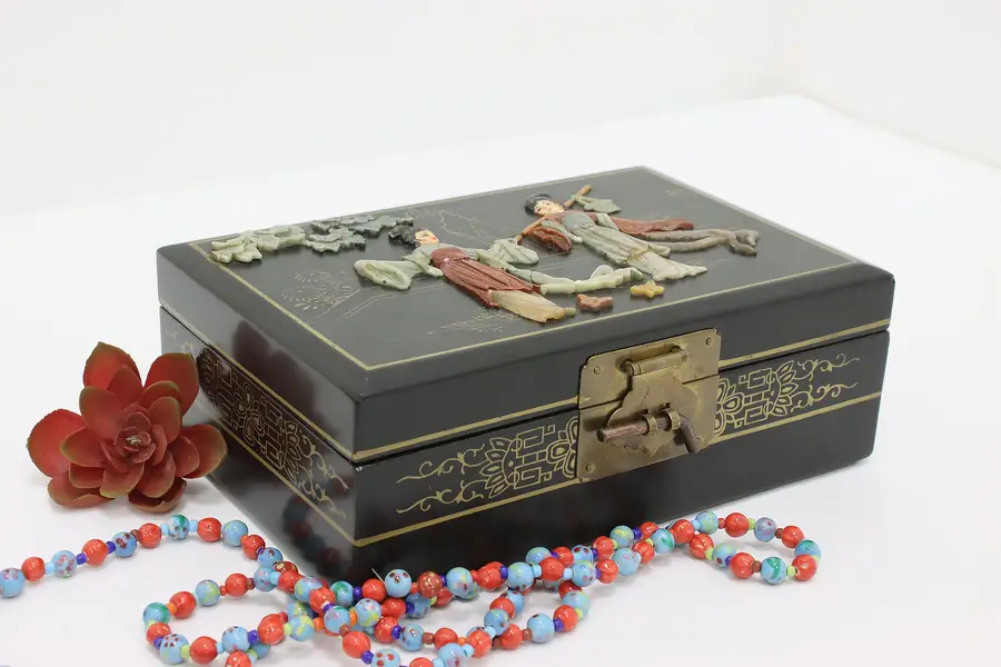 Photo of Chinese Vintage Lacquer & Carved Stone Jewelry Box, Mirror