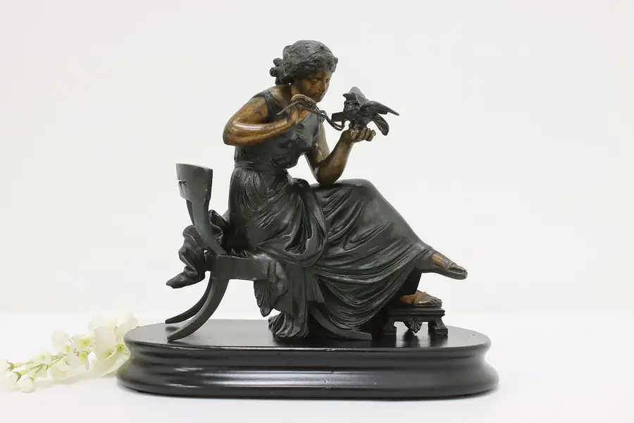 Photo of Victorian Antique Woman & Pigeon Cast Metal Sculpture