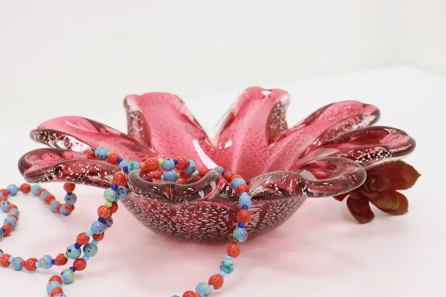Photo of Flower Vintage Cranberry Silver Leaf Vintage Art Glass Bowl