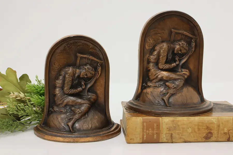 Photo of Woman on Globe Antique Copper Library Bookends, Altman