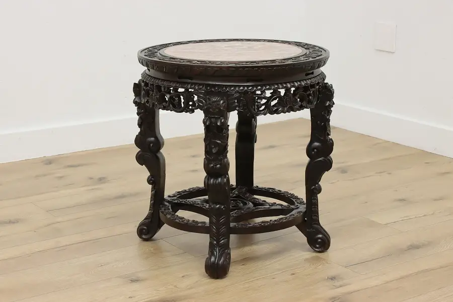 Photo of Asian Antique Carved Rosewood & Marble Side or End Table