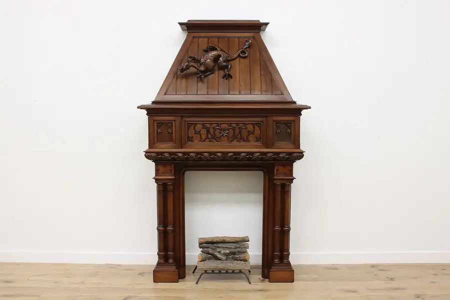 Photo of Gothic Design Antique Fireplace Salvage Walnut Mantel Dragon