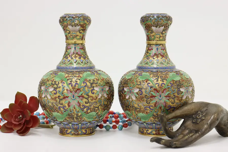 Photo of Pair Chinese Vintage Gold & Cloisonne Mantel Vases, JingFa