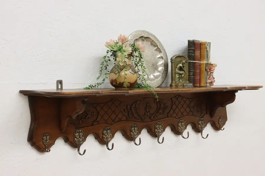 Photo of Dutch Renaissance Antique Carved Oak Coat & Hat Wall Rack