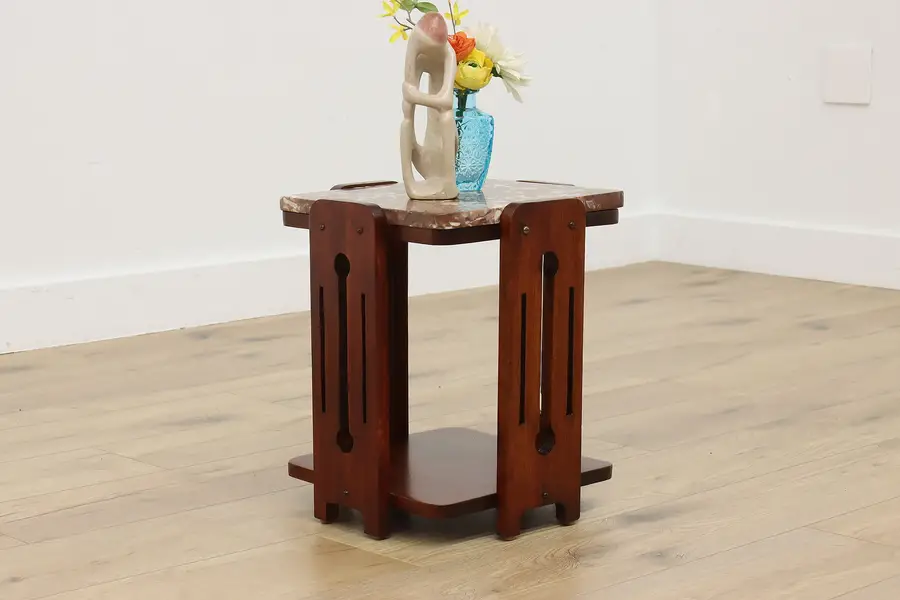 Photo of Art Deco Vintage Marble Top Walnut Plant or Sculpture Stand