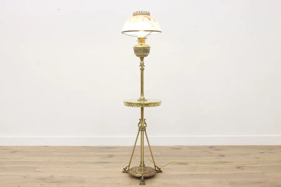 Photo of Victorian Antique Brass Onyx Piano Organ Lamp Painted Shade
