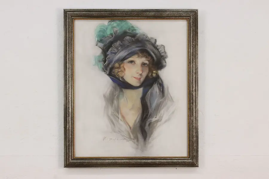 Photo of Beautiful Woman Antique Original Pastel Painting Buskirk 27"