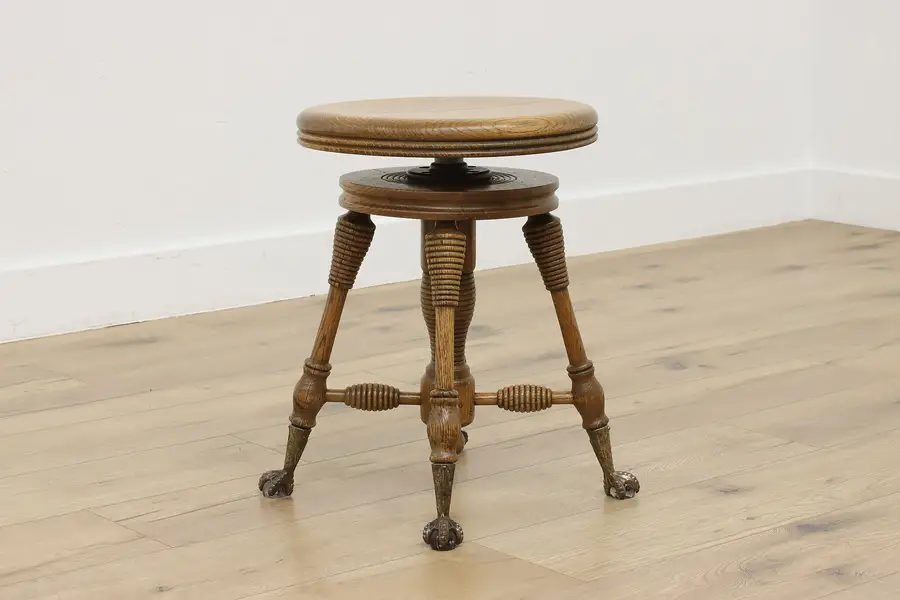 Photo of Victorian Antique Oak & Glass Feet Piano or Organ Stool