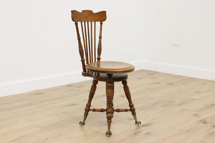 Photo of Victorian Antique Oak Adjustable Piano or Organ Chair, Tonk