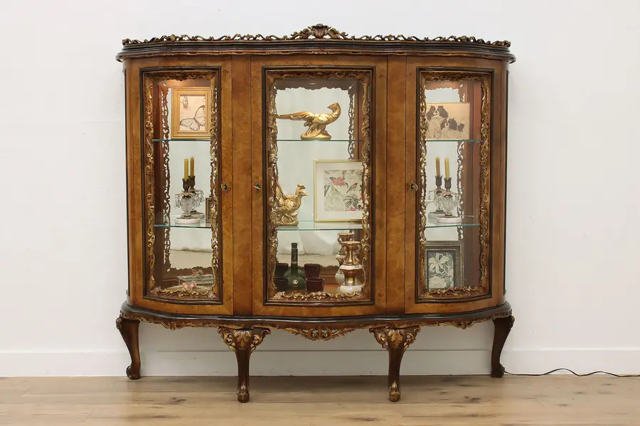 Photo of Italian Rococo Antique Elm Burl Lit China Display Cabinet