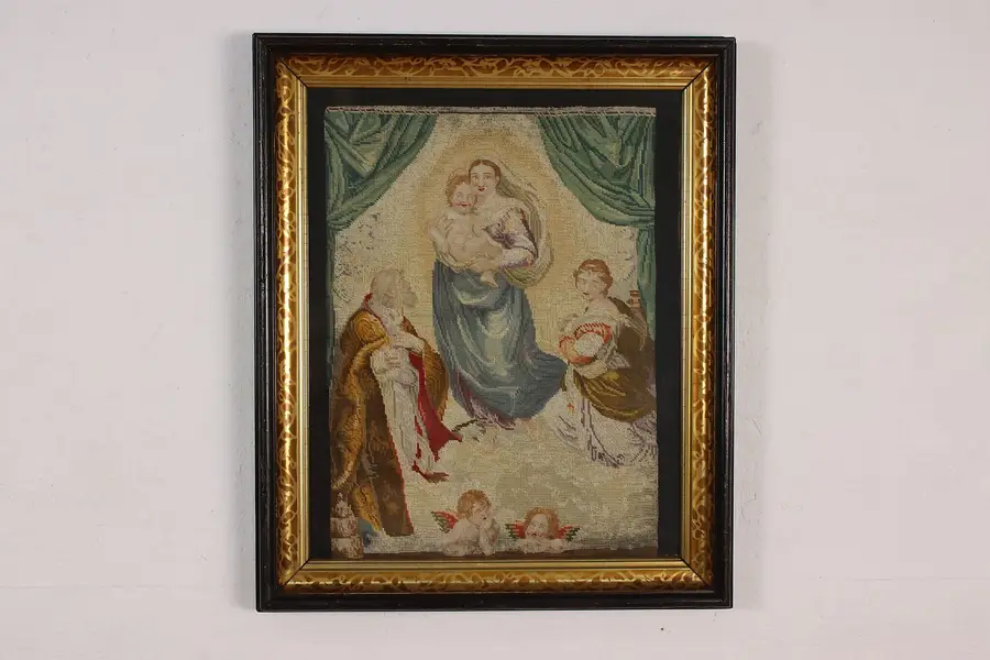 Photo of Madonna & Jesus Antique Petit Point Tapestry 26.5"