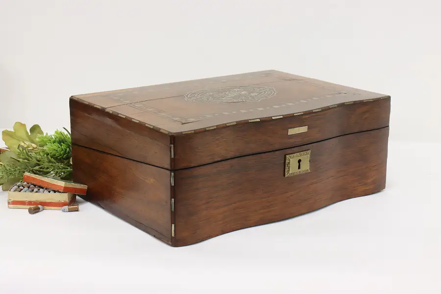 Photo of Victorian Antique Rosewood Brass Pearl Inlay Travel Lap Desk