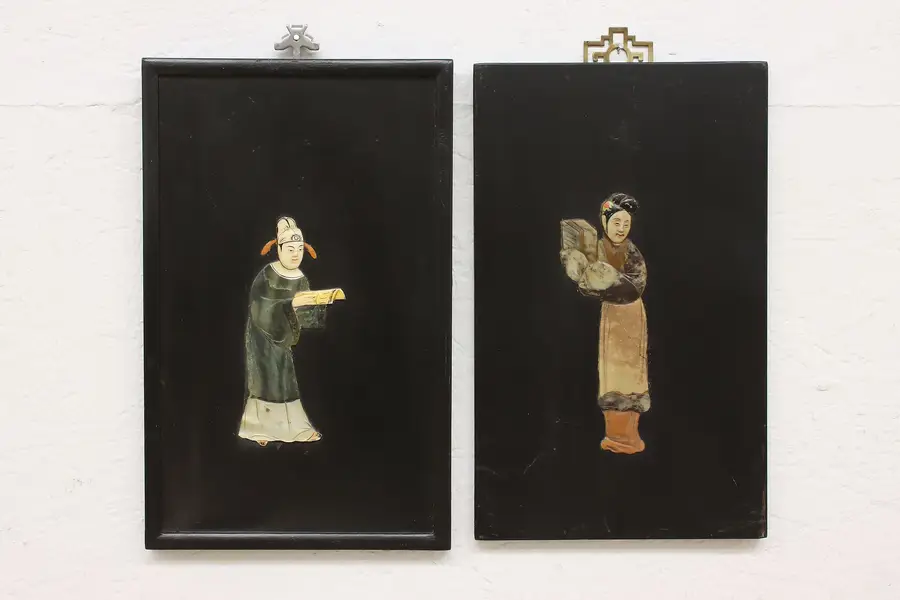 Photo of Pair of Chinese Vintage Carved Jade & Stone Wall Plaques 13"