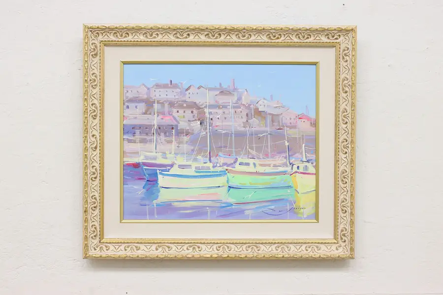 Photo of Sailboats & Harbor Vintage Acrylic Painting, Yakerson 25.5"
