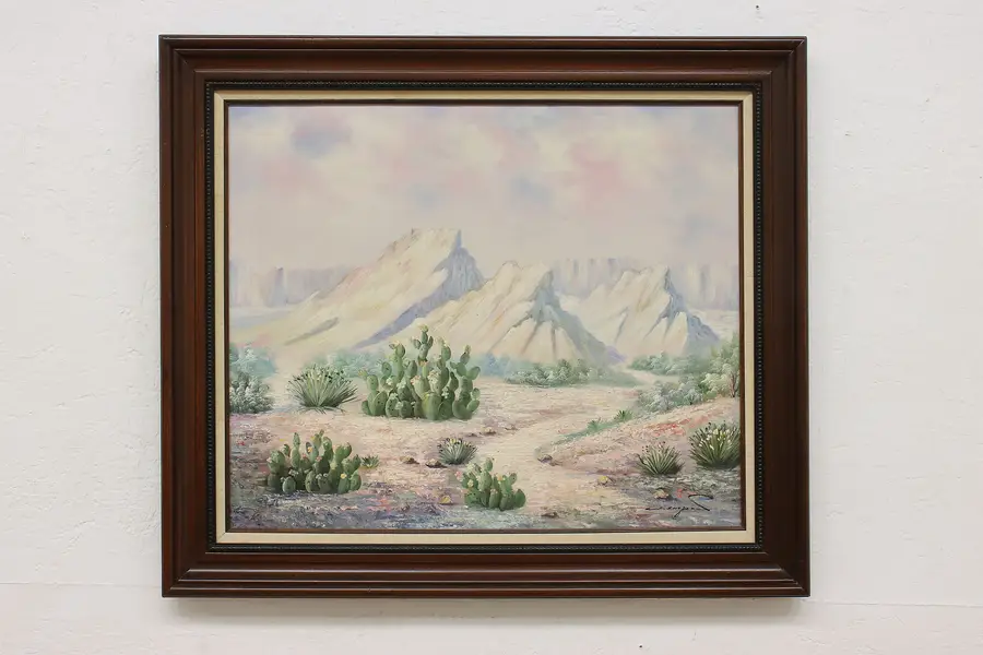 Photo of Cactus Landscape Vintage Original Oil Painting Signed 30"