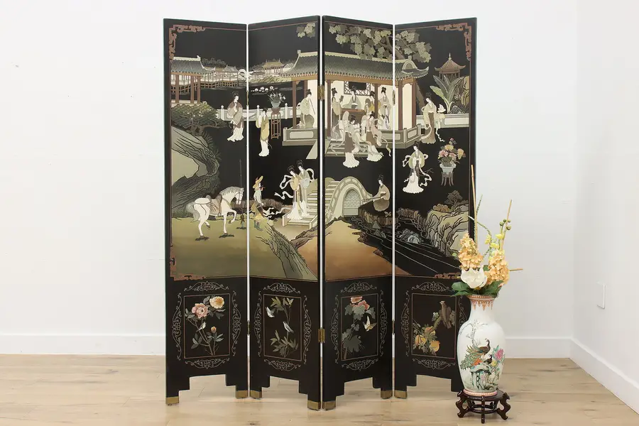 Photo of Chinese Vintage 4 Panel Coromandel Screen, Geisha Palace