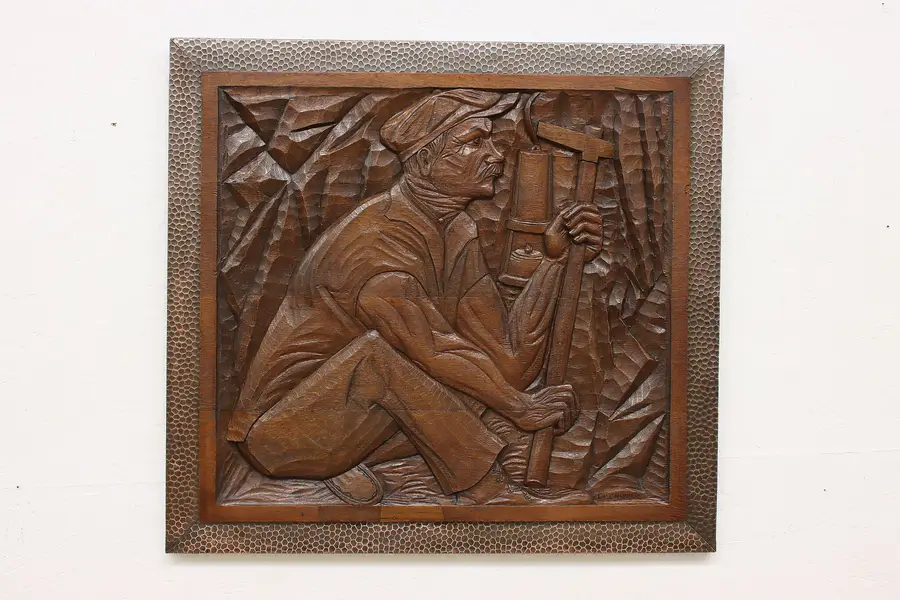 Photo of Coal Miner Antique Carved Oak Frieze Panel Laschippers 33.5"
