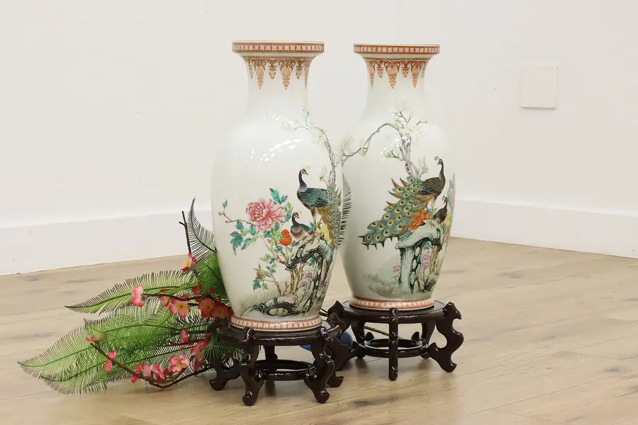 Photo of Pair of Chinese Vintage Porcelain Peacock Vases & Stands 29"
