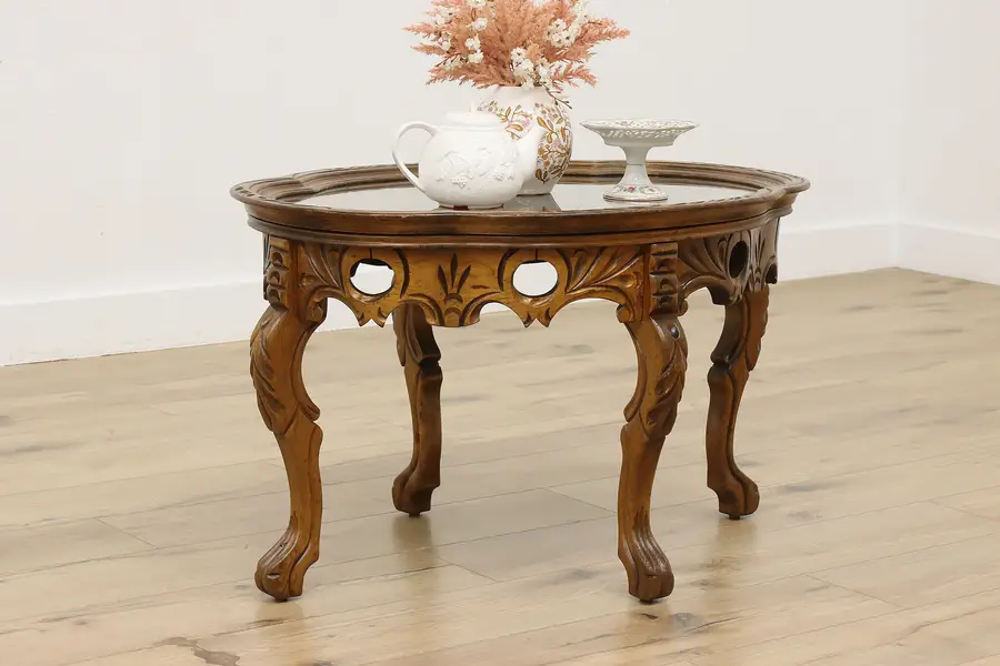 Photo of Traditional Vintage Walnut Coffee Table w/ Tray Carved Eagle