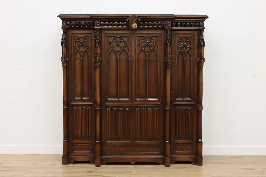 Photo of French Gothic Antique Carved Wine Cabinet Signed Paris