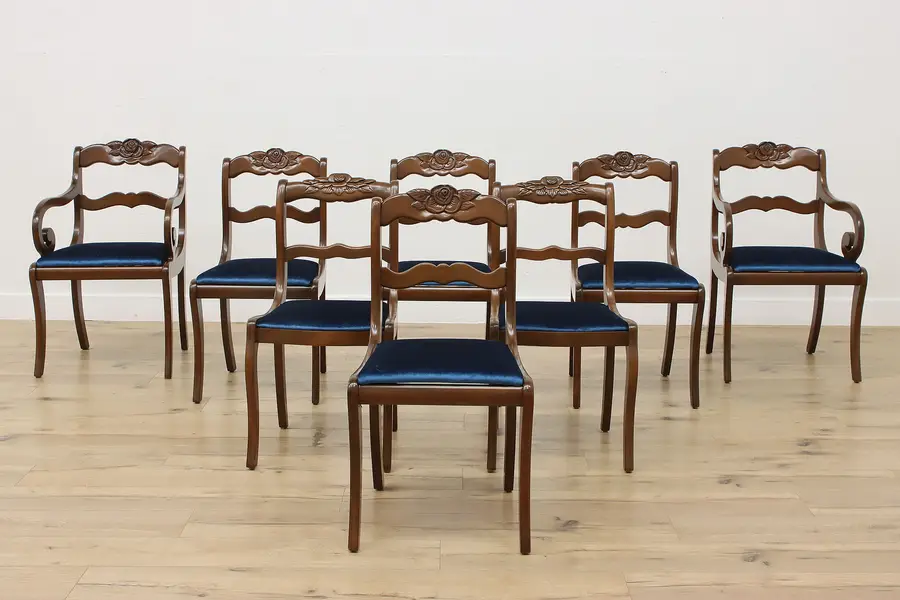 Photo of Set 8 Empire Vintage Dining Chairs Carved Flowers New Velvet