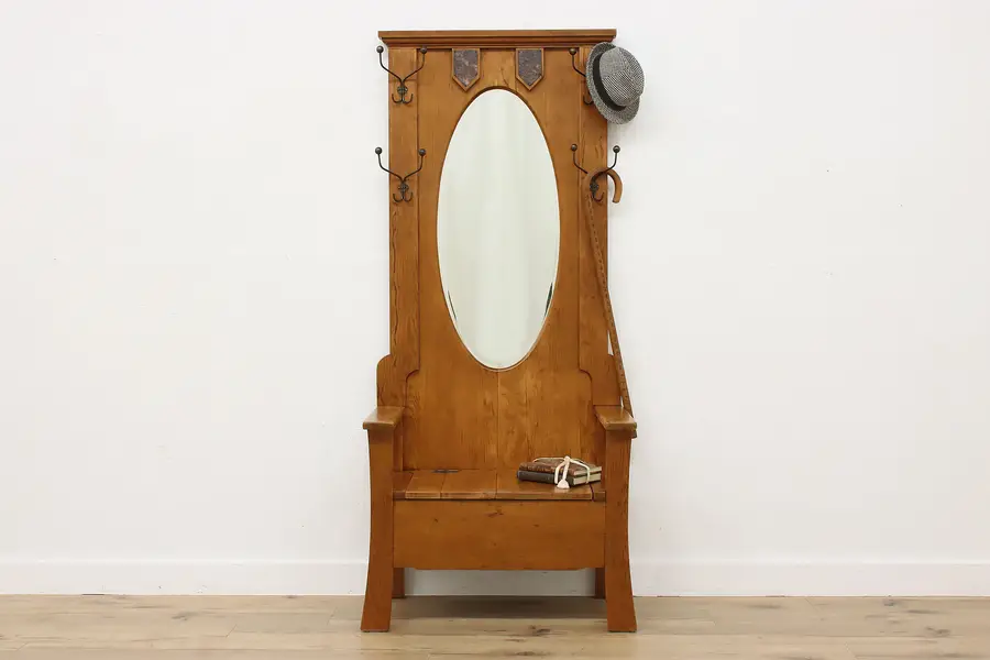 Photo of Arts & Crafts Antique Pine Folk Art Hall Bench & Mirror
