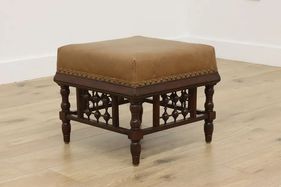 Photo of Victorian Eastlake Antique Stick & Ball Footstool, Leather