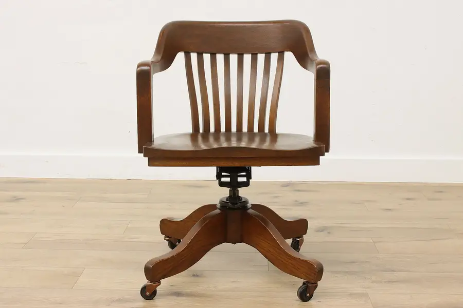 Photo of Oak Antique Swivel Adjustable Office or Library Desk Chair
