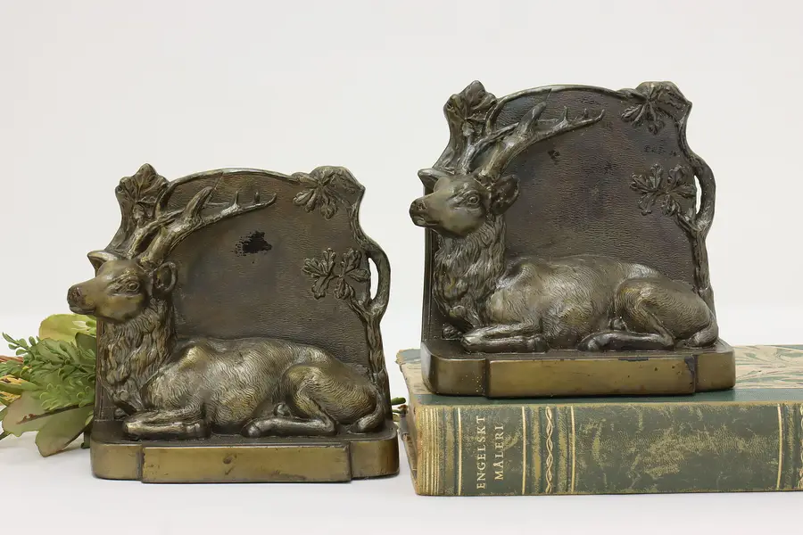 Photo of Pair of Farmhouse Antique Stag Cast Metal Library Bookends