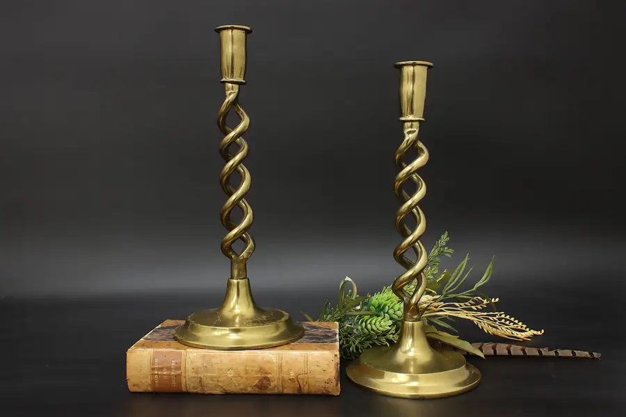 Photo of Pair of Traditional Antique Brass Spiral Candlesticks