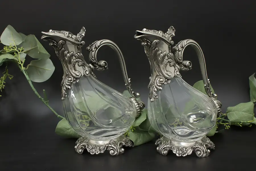 Photo of Pair of Italian Vintage Pewter & Crystal Decanters Harrogate