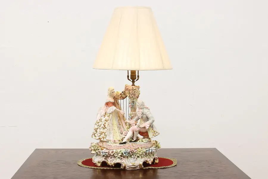 Photo of Italian Capodimonte Vintage Porcelain Lamp, Harp & Couple