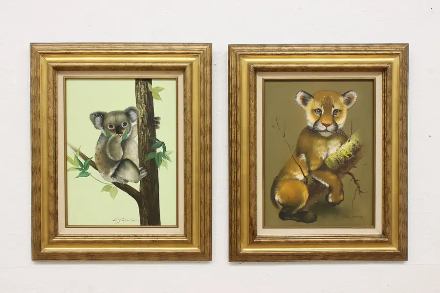 Photo of Pair of Vintage Original Koala & Lion Cub Paintings 23.5"