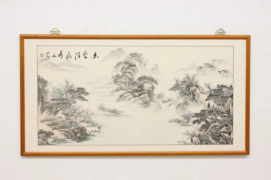 Photo of Chinese Landscape Vintage Ink & Watercolor Painting 60"