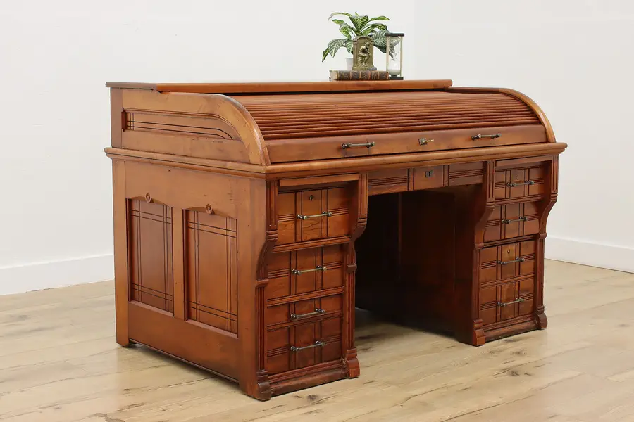 Photo of Victorian Eastlake Antique Cherry Roll Top Office Desk